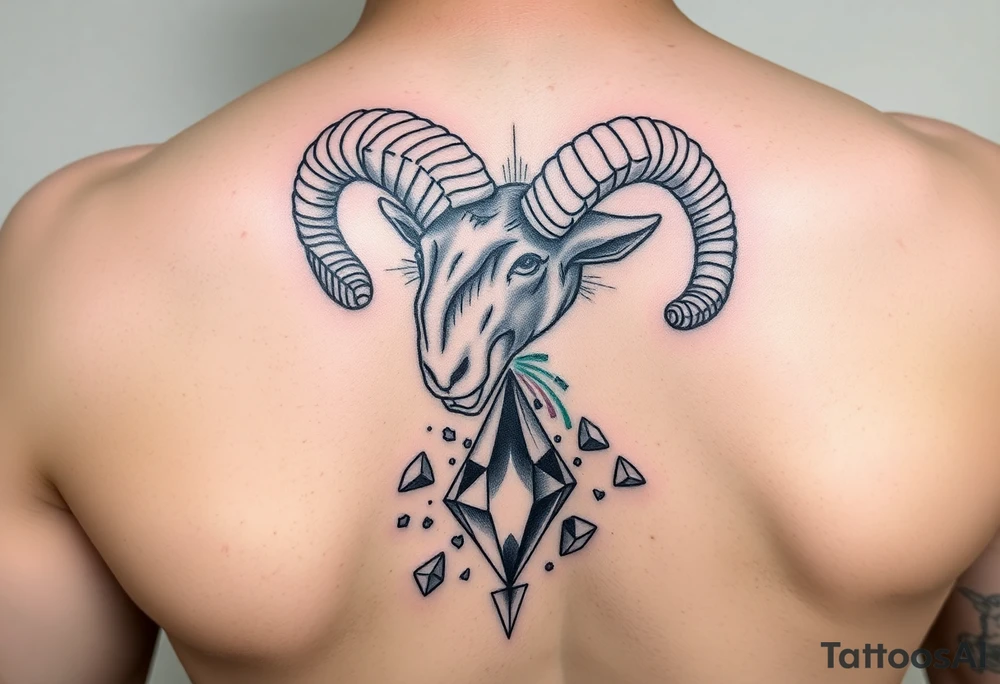 Capricorn ram breaking an unbreakable Simon’s that has fragments of rainbow coming of the diamond pieces tattoo idea