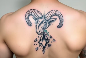 Capricorn ram breaking an unbreakable Simon’s that has fragments of rainbow coming of the diamond pieces tattoo idea