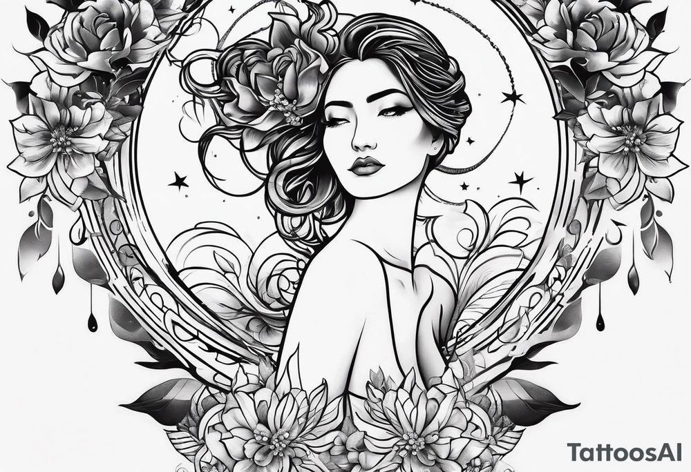 Tattoo on Woman’s Spine fine line, flowermoon, balance, eternity, perfection, love, patience, rising out of suffering tattoo idea