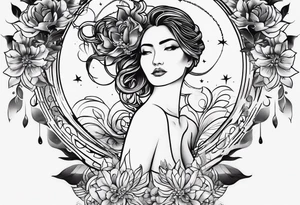 Tattoo on Woman’s Spine fine line, flowermoon, balance, eternity, perfection, love, patience, rising out of suffering tattoo idea