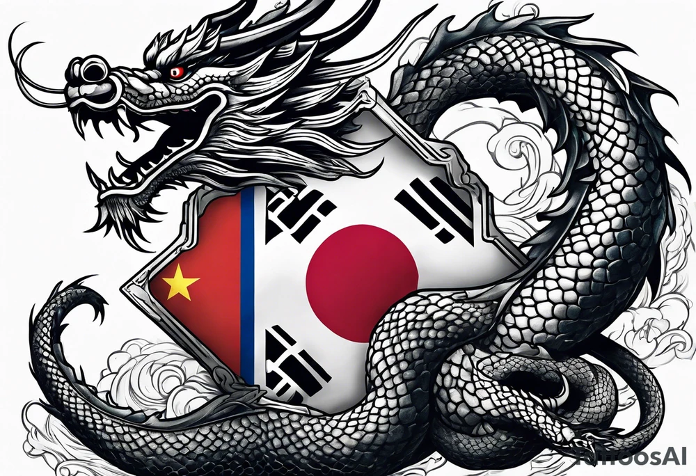 Asian dragon coiling around an anchor with the Korean flag in the background tattoo idea