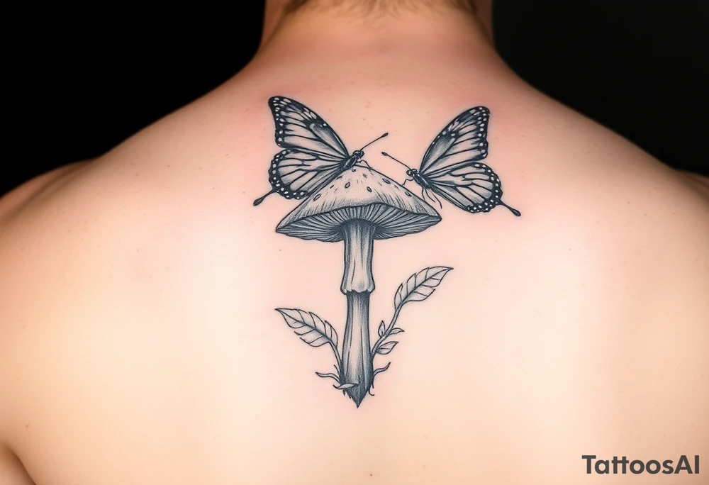 mushroom with 2 butterflies above it on your lower inner arm tattoo idea