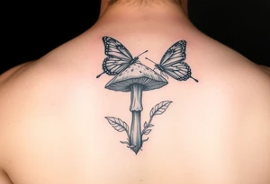 mushroom with 2 butterflies above it on your lower inner arm tattoo idea