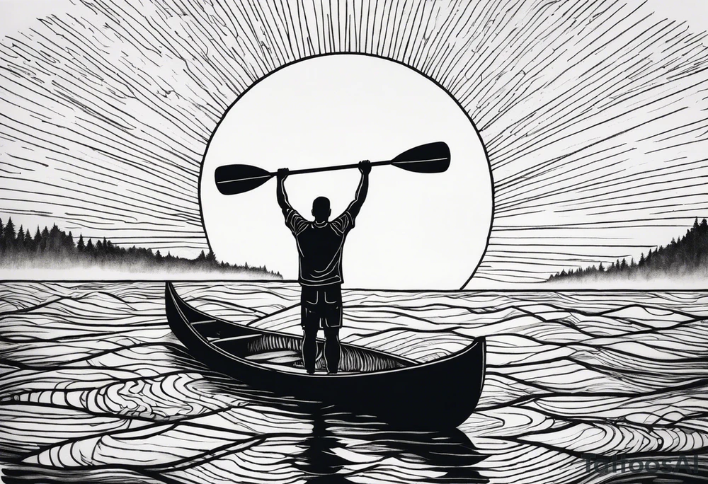 pictured from behind, average sized man with his arms fully extended straight out from chest level, standing on top of modestly sized canoe on the water with a sun above his head. tattoo idea