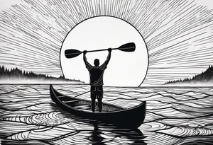 pictured from behind, average sized man with his arms fully extended straight out from chest level, standing on top of modestly sized canoe on the water with a sun above his head. tattoo idea