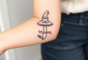 Mushroom with word mom on it with gnome sitting on top tattoo idea