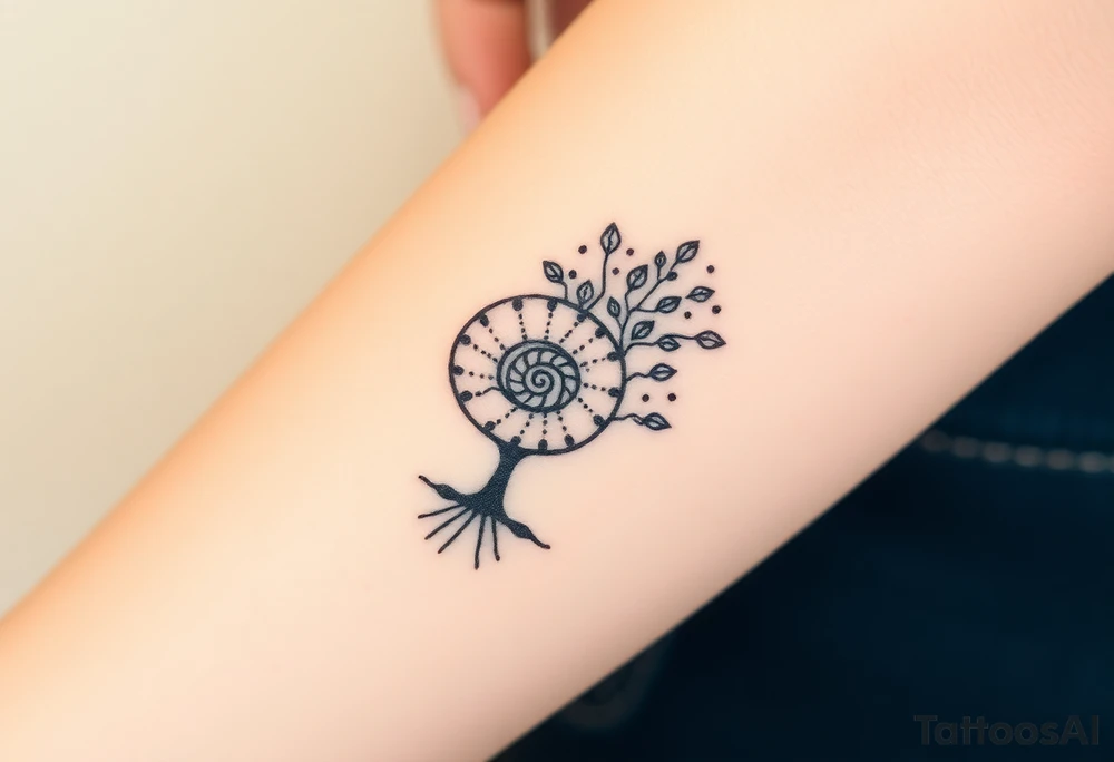 Fibonacci spiral shell on side of base of tree full of lots of leaves tattoo idea