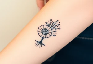 Fibonacci spiral shell on side of base of tree full of lots of leaves tattoo idea
