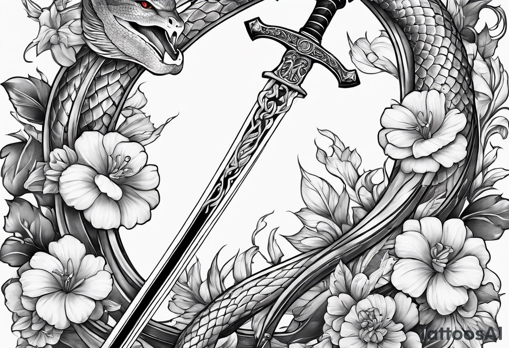 Sword with snake and flowers wrapped around it tattoo idea