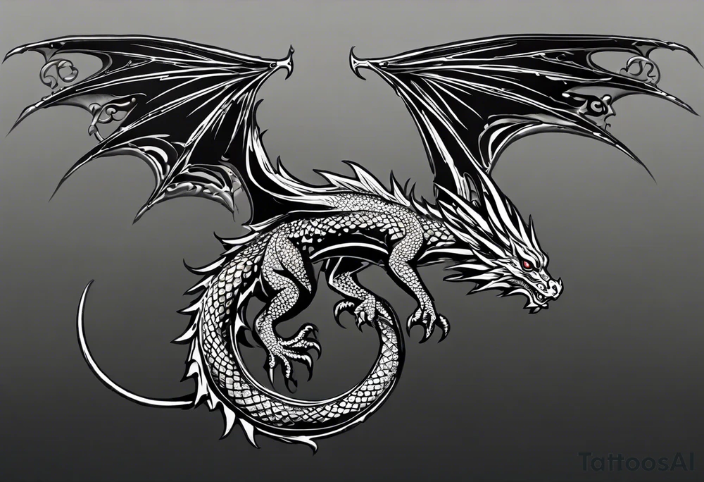 design a water dragon tattoo with spread wings that wraps around a bicep
Dragon Shape: The dragon will be serpentine, with a long, sinuous body that can easily wrap around the bicep.
Wings: The wings will be spread wide, with intricate, flowing details that mimic water currents.
Water Elements: The dragon's scales and wings will have water-like patterns, with splashes and waves incorporated into the design.
Positioning: The dragon's head will be prominent, positioned towards the front of the bicep, with the body and tail wrapping around, creating a dynamic, flowing motion. tattoo idea
