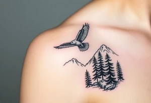 Mountain View with large trees and an eagle flying tattoo idea