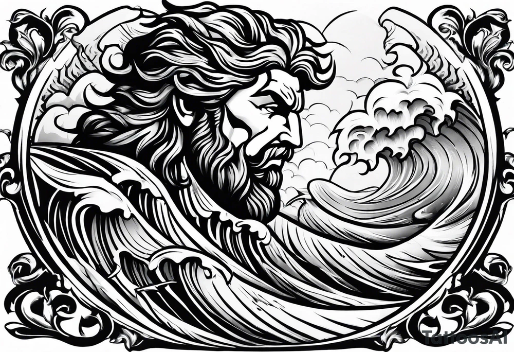 zeus lightning bolt crossed with poseidon trident with stormy waves in the background tattoo idea