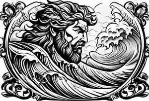 zeus lightning bolt crossed with poseidon trident with stormy waves in the background tattoo idea
