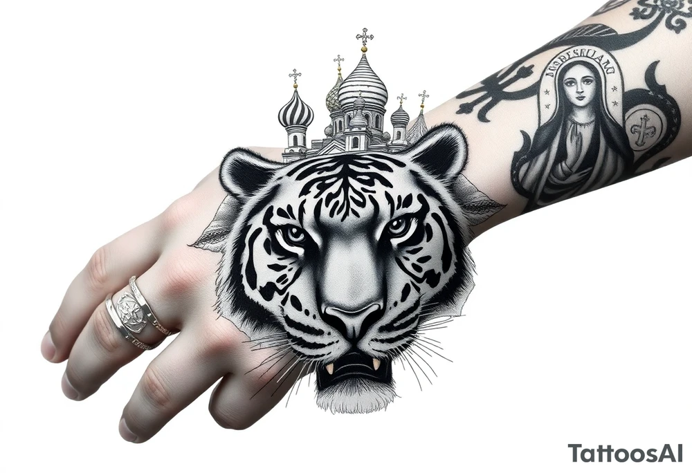 Realistic tiger face on the back of the hand with strong contrast and fine detail with its eyes completely black. with a highly detailed Russian Orthodox cathedral sitting above on fore arm with onion domes and orthodox crosses, done in fine line, engraving-like style. Cohesive composition, black ink only, no color, high contrast, slightly aged, documentary-style, plain light background. with clouds above and a virgin mary 
spanning from my hand to lower fore arm tattoo idea