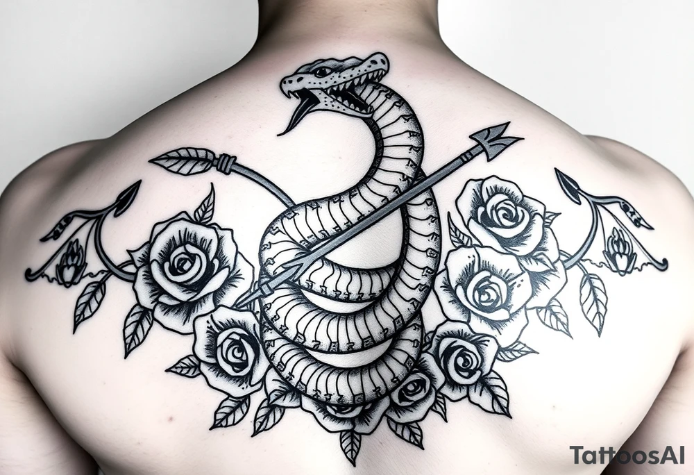 snake with bow and arrow with dragon around chest and have roses as background
, tattoo idea