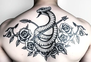 snake with bow and arrow with dragon around chest and have roses as background
, tattoo idea
