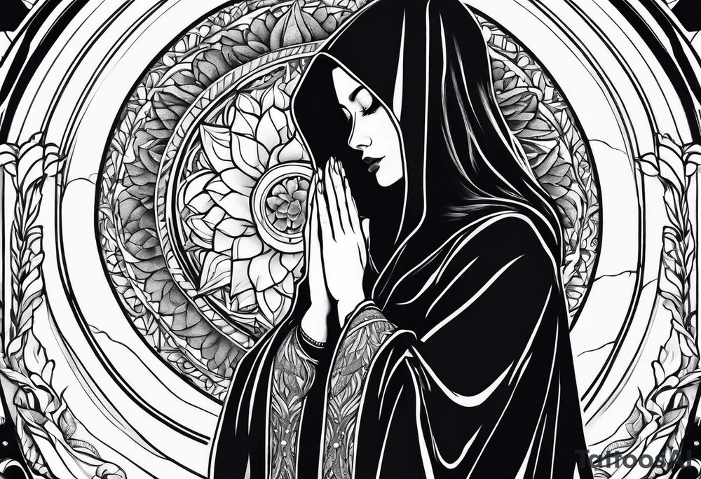 Woman in cloak praying hands side view tattoo idea