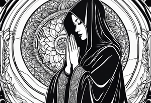 Woman in cloak praying hands side view tattoo idea