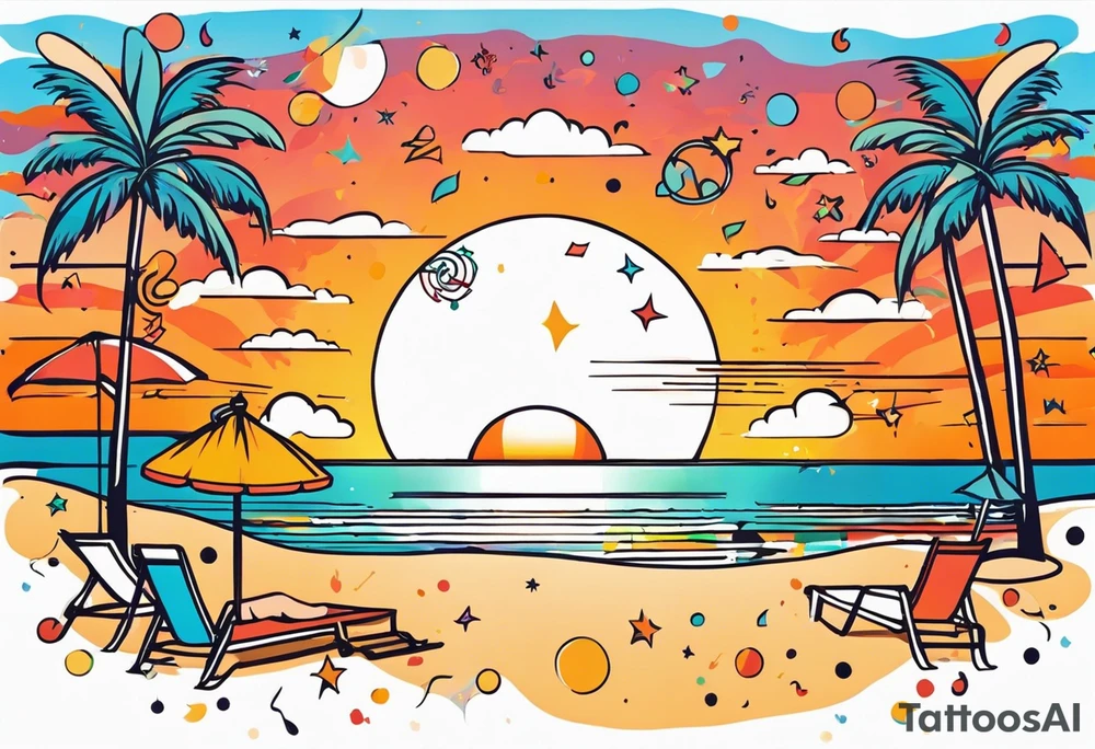 1970'S BEACH PARTY 
party, include confetti, music notes, 
, bikinis sunset in the center tattoo idea