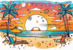 1970'S BEACH PARTY 
party, include confetti, music notes, 
, bikinis sunset in the center tattoo idea