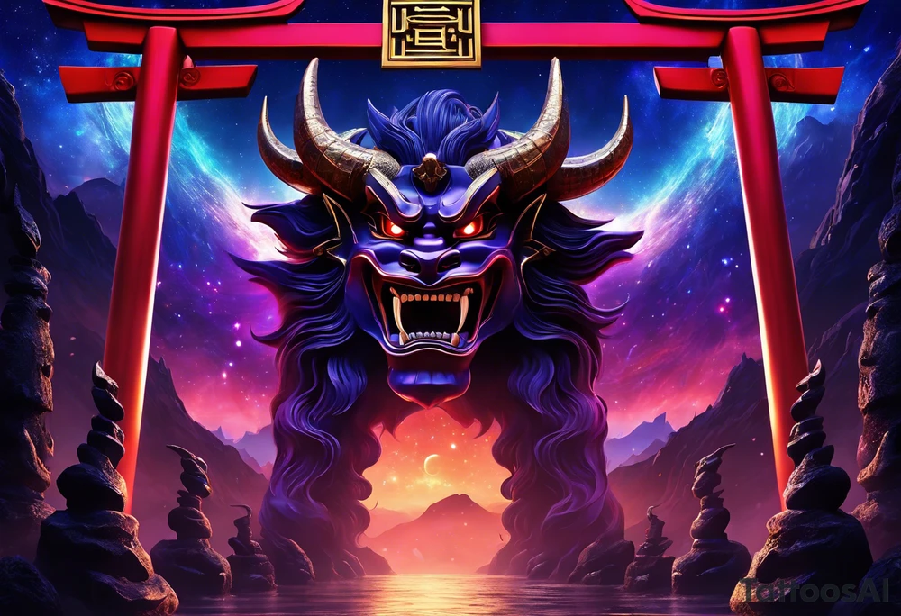 torii gate in biomechanical style in background.

Dominant demonic figure, formidable face with royal king features, has a evil grin and a bit of open mouth with glimpse of devil fang teeth, similar to skull features, framed by deep-set glowing galaxy eyes, head has prominent purple deep blue flames (Not standalone horns) with intricate recognizable swirling galaxy shaped textures with fiery peacock blue green turquoise colour highlights. tattoo idea