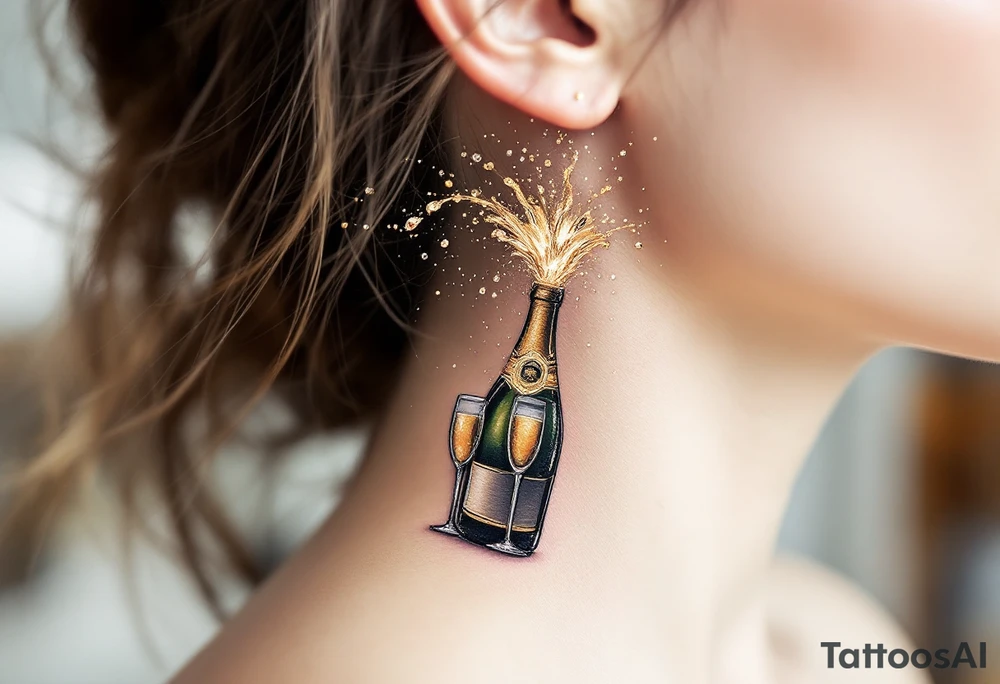 Champagne Celebration – A popped champagne bottle with gold foil details, flowing sparkling bubbles, and a splash into two flutes. Light golden tones behind ear. tattoo idea