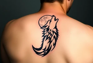 lone wolf howling at full moon with northern lights backdrop tattoo idea
