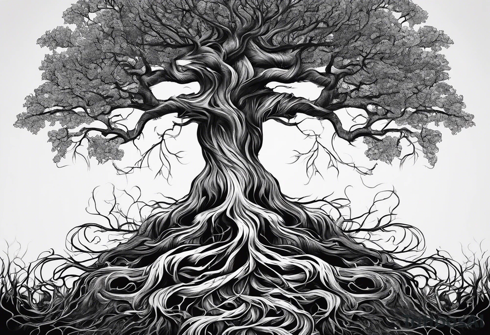 a narrow tree with roots with the text of "Deep roots are not reached by the frost." around it tattoo idea