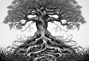 a narrow tree with roots with the text of "Deep roots are not reached by the frost." around it tattoo idea