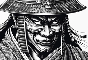 samurai with a hannya mask that covers half of his face who is in a slightly tilted posture holding a katana in an attack position tattoo idea