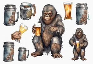 a medieval sasquatch wearing a tunic and drinking from a pewter mug of beer tattoo idea