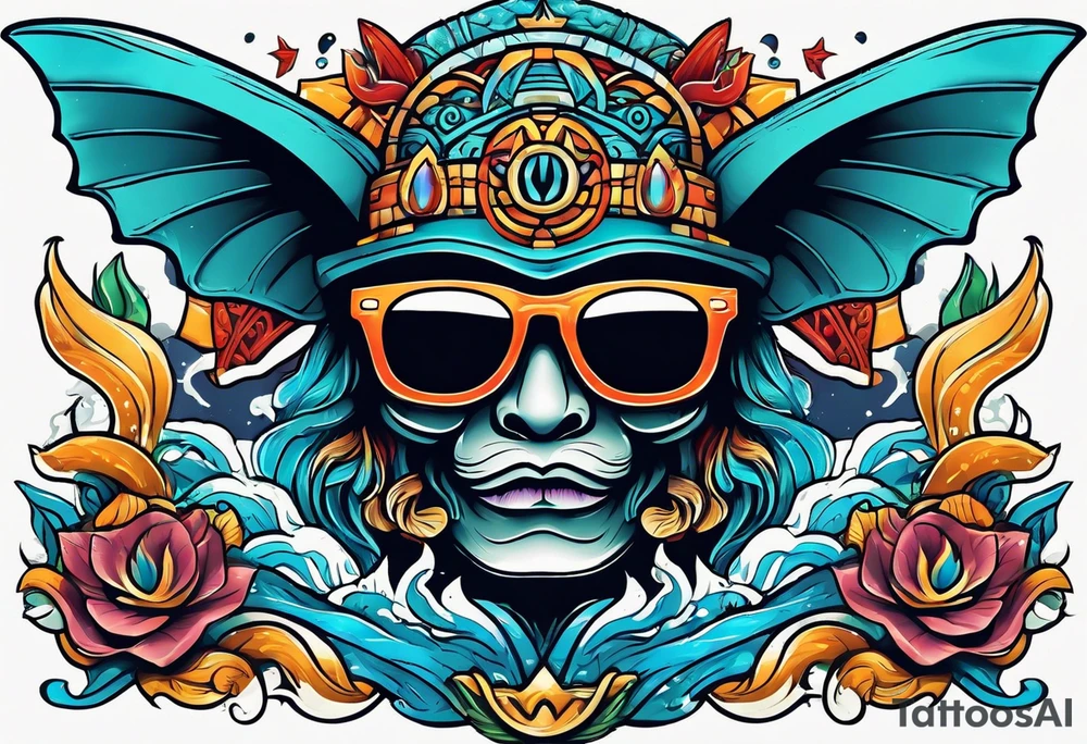 Colorful Mayan hieroglyph wearing sunglasses with ocean waves and bats tattoo idea