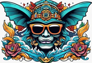 Colorful Mayan hieroglyph wearing sunglasses with ocean waves and bats tattoo idea