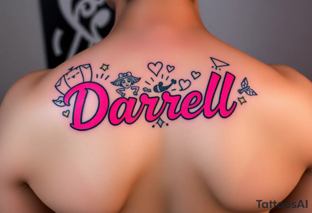 Feminine tattoo, neon colors, "Darrell" with lots of whimsical background tattoo idea