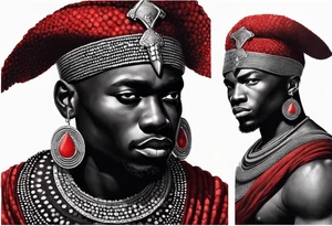 Black-skinned bald african warrior. He is a god of the war. Wears a simple red necklace and a silver crown tattoo idea