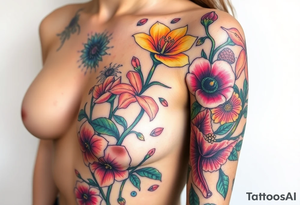 This tattoo is on a woman. It starts on her left side of the chest on the pectoral with a Glaiolus and Daisy together, then the tattoo rises over the left shoulder and down the arm and ends at the elbow. The tattoo will include a primroses, Calla Lilys, and Lillys. It will be light on color except in the petals and has light shading to make it pop. It will not wrap around the chest but rather bloom upwards from the pectoral and spill over the shoulder and down to the elbow. tattoo idea
