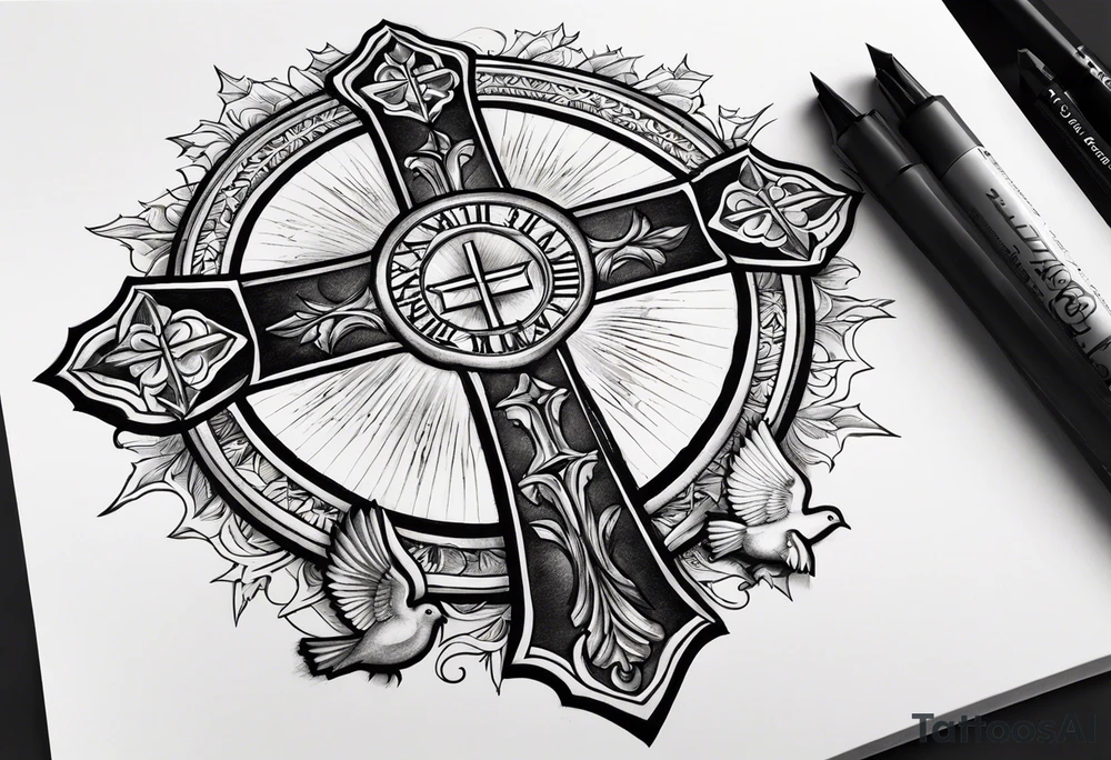 A Cross with doves in the rays of sun with the date 08/21/2024 in Roman numerals in it tattoo idea