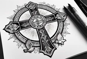 A Cross with doves in the rays of sun with the date 08/21/2024 in Roman numerals in it tattoo idea