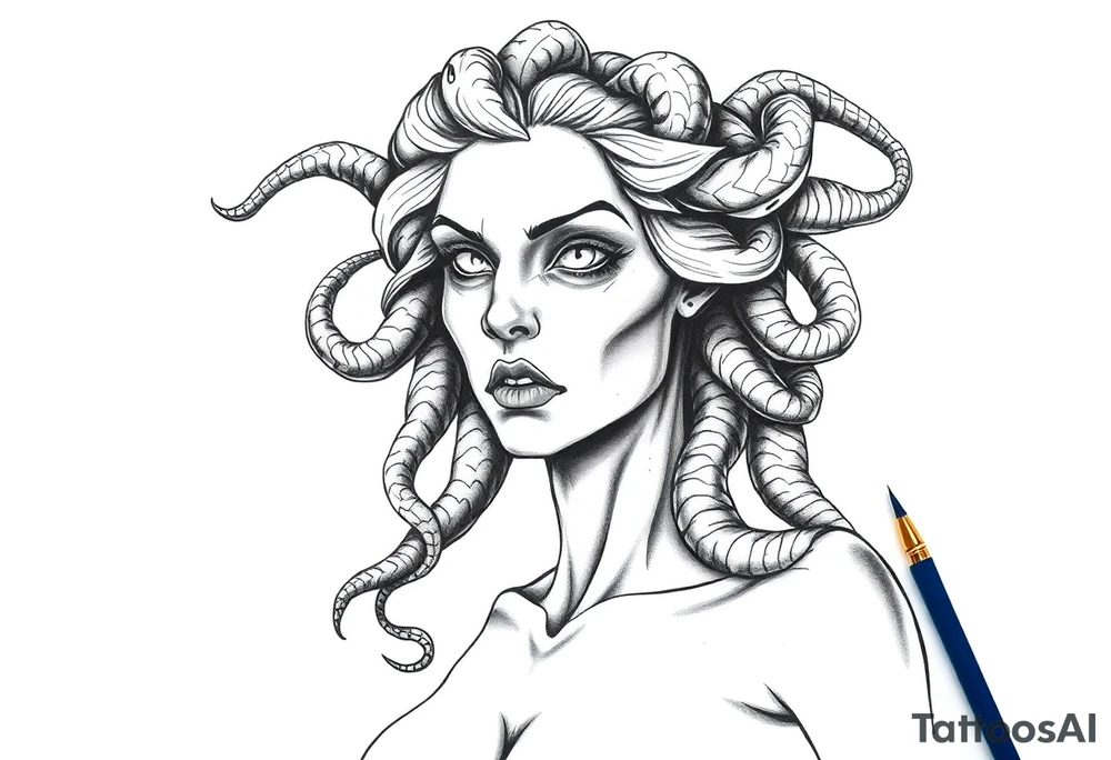 Scary Greek female god medusa with snake hairs tattoo idea