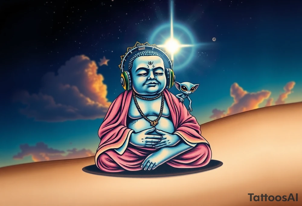 a dim celestial light shines over a curious wise chubby alien buddha who is wearing headphones and is calmly meditating on top of a texas hold'em table, and under a beautiful starry sky. There is a friendly alien sitting on his shoulder. tattoo idea