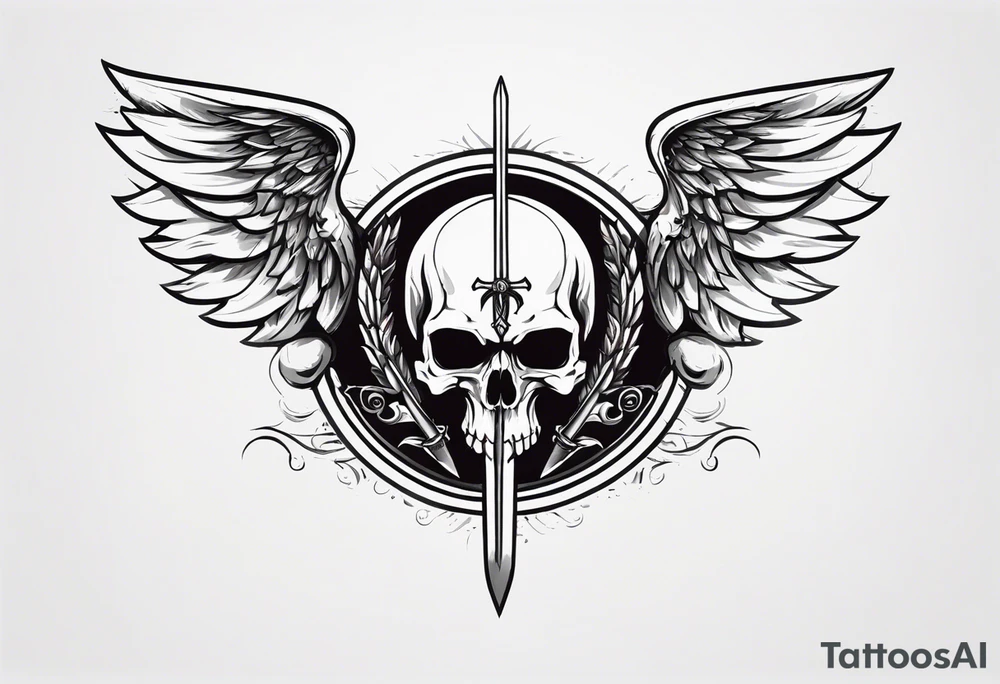 In the center is a half skull pierced by a large sword. On either side of the skull, there are spread angel wings, Beneath the skull is a ribbon weaves through both the skull and the sword tattoo idea