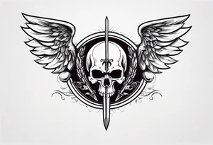 In the center is a half skull pierced by a large sword. On either side of the skull, there are spread angel wings, Beneath the skull is a ribbon weaves through both the skull and the sword tattoo idea