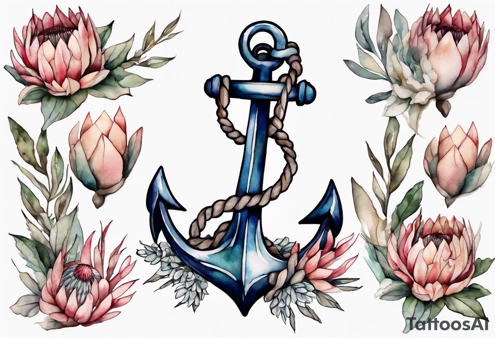 Very feminine tattoo of an anchor with protea flowers tattoo idea