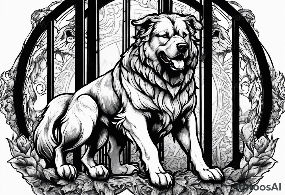 Cerberus standing in fire with a black gate behind tattoo idea Cerberus standing in fire with a black gate behind tattoo idea