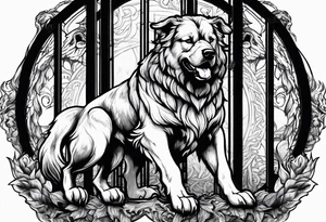 Cerberus standing in fire with a black gate behind tattoo idea