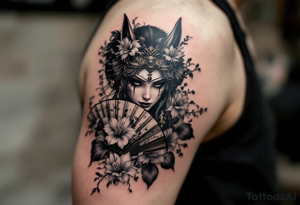 japanese samurai woman wearing a kitsune half-mask and  holding a fan with irises flowers tattoo idea