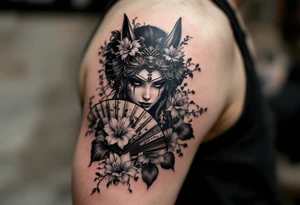 japanese samurai woman wearing a kitsune half-mask and  holding a fan with irises flowers tattoo idea
