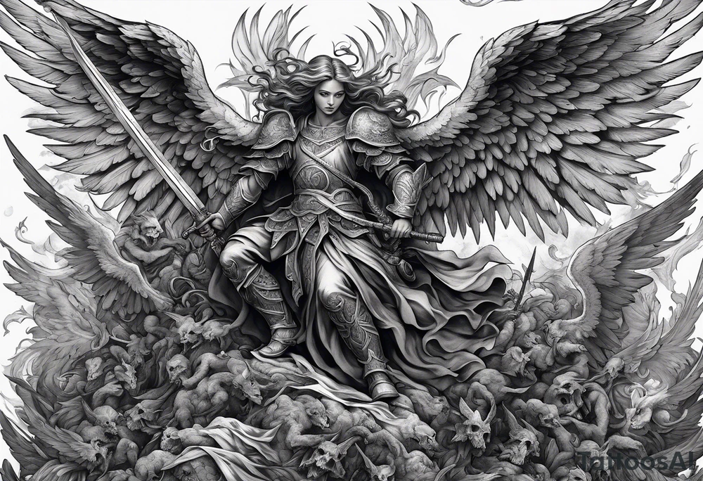 Angel with long sword on a pile of dead demons in etchwork style tattoo idea