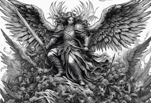 Angel with long sword on a pile of dead demons in etchwork style tattoo idea