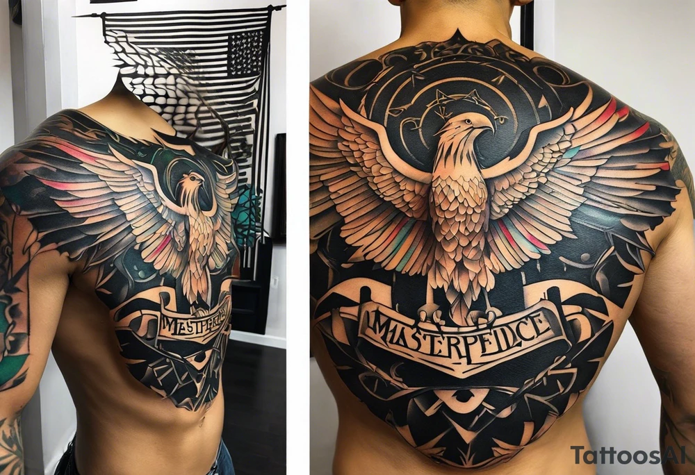 Wide tattoo that appears to be bursting out of the skin, symbolizing freedom. The tattoo should be vibrant and dynamic, with bold lines and colors that evoke a sense of liberation and empowerment. Consider incorporating elements such as broken chains, or other symbols of freedom. The tattoo should be visually striking and thought-provoking. tattoo idea